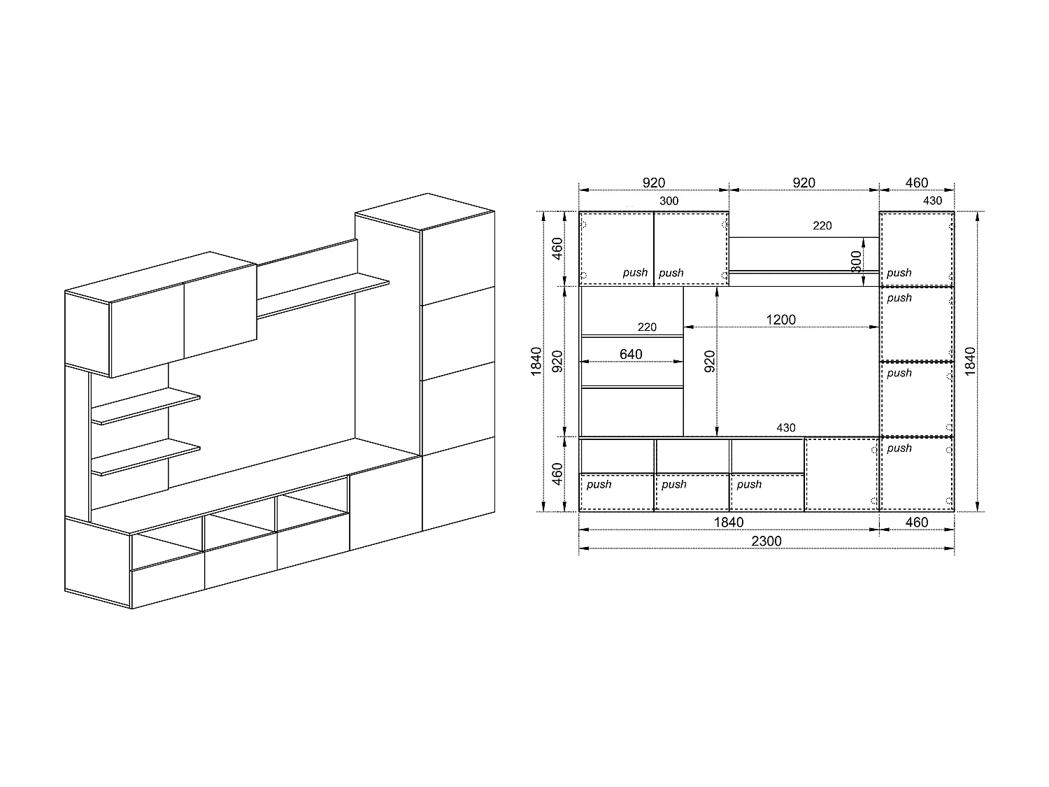 Parete attrezzata da soggiorno design moderno SILB 230x184 bianco laccato e rovere scuro