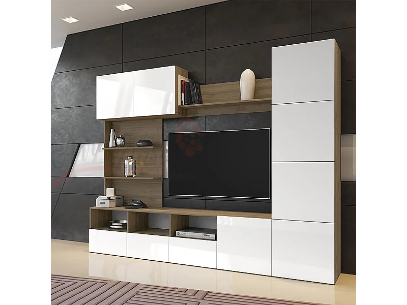 Parete attrezzata da soggiorno design moderno SILB 230x184 bianco laccato e rovere scuro
