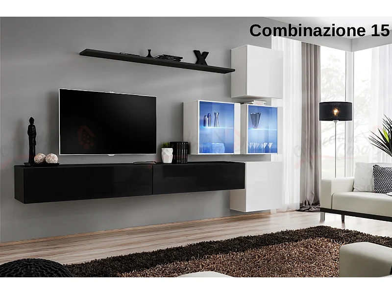 Parete attrezzata sospesa moderna con vetrinette 310x200 nero e bianco PAP63