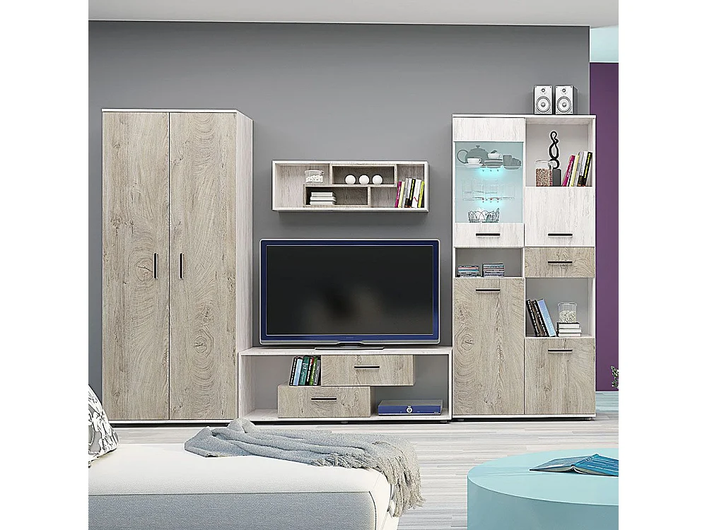 Parete attrezzata modulare con vetrinetta e mensola in rovere e rovere scuro e rovere bianco SG31