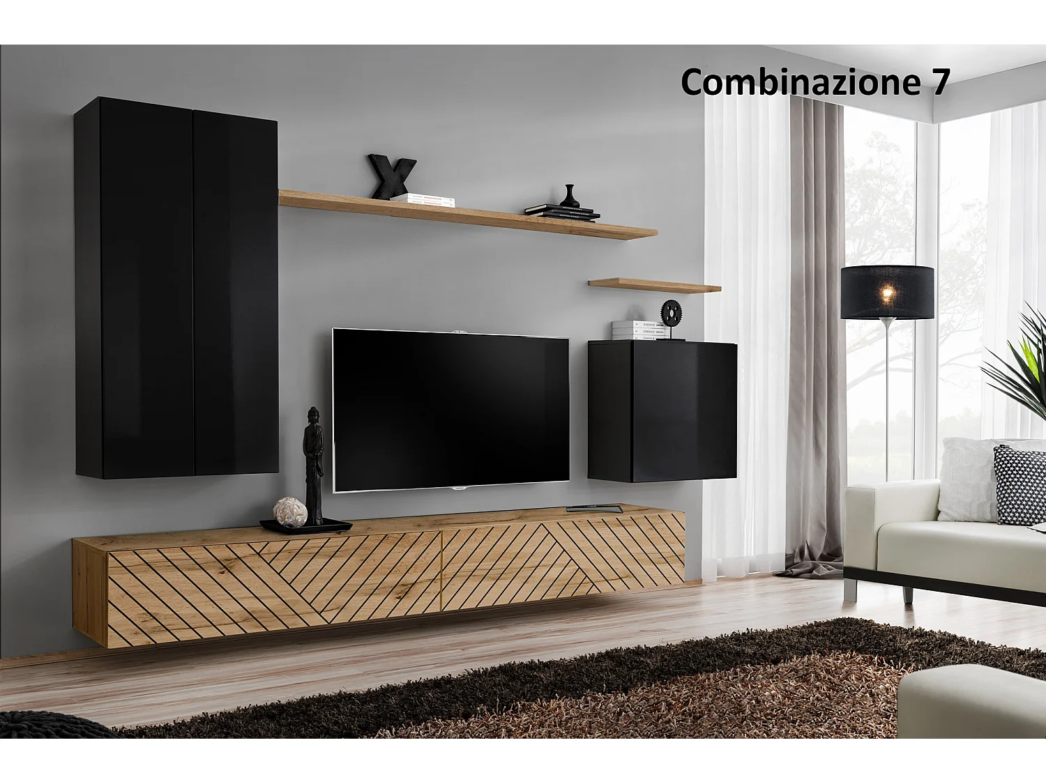 Parete attrezzata sospesa design moderno PAP46 270x160 nero e rovere