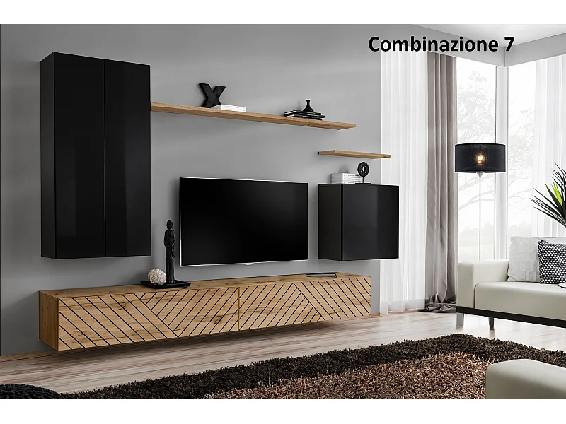Parete attrezzata sospesa design moderno PAP46 270x160 nero e rovere