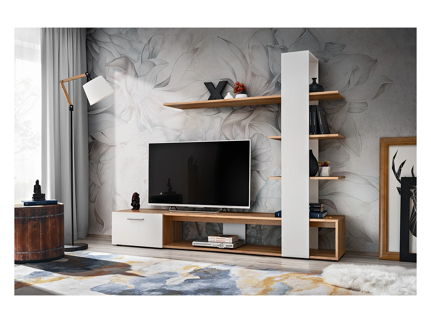 Parete attrezzata da soggiorno moderna 190x152 PAP142 rovere e bianco opaco