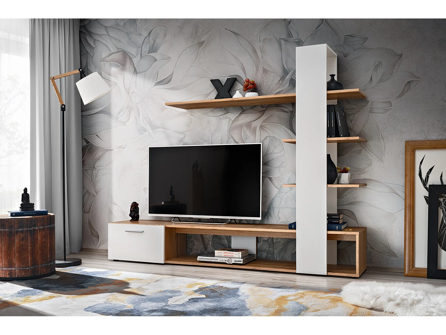 Parete attrezzata da soggiorno moderna 190x152 PAP142 rovere e bianco opaco