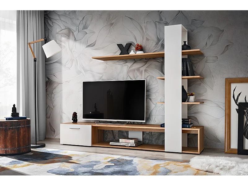 Parete attrezzata da soggiorno moderna 190x152 PAP142 rovere e bianco opaco