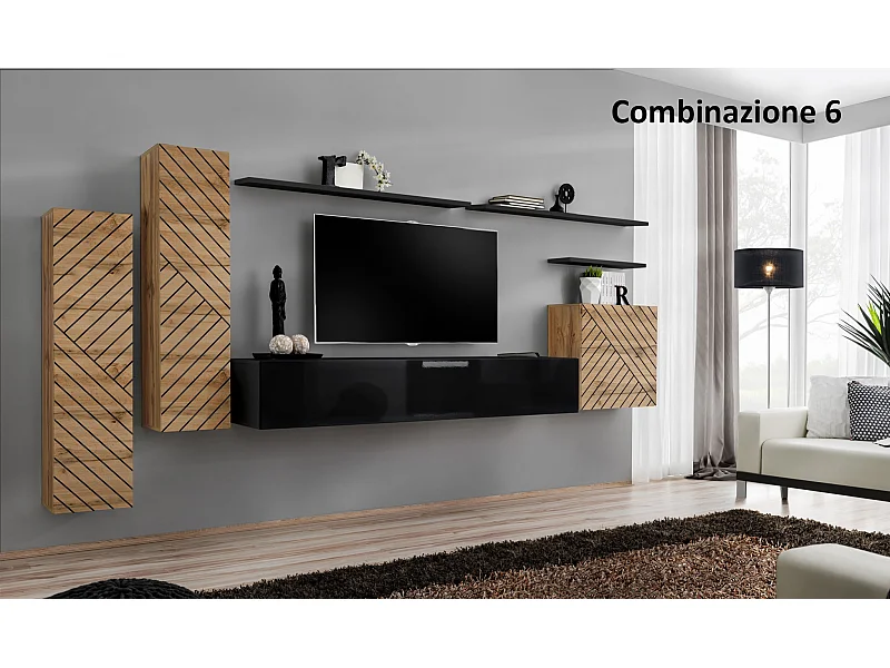 Parete attrezzata moderna sospesa PAP45 330x160 rovere e nero