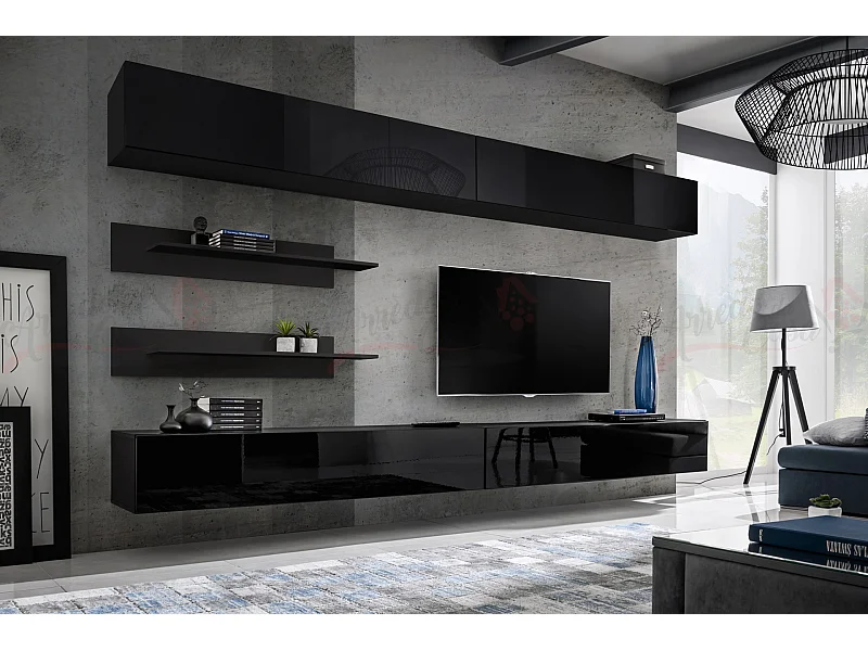 Parete attrezzata soggiorno moderna con pensili orizzontali 320x180 PAP102 nero