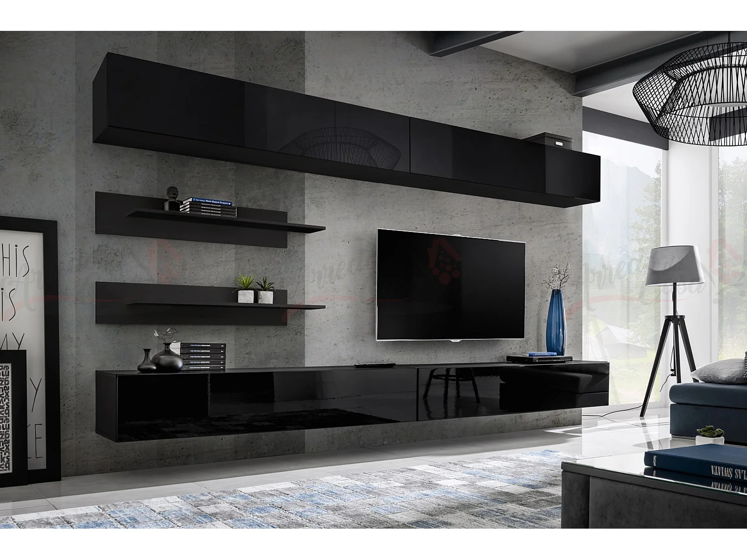 Parete attrezzata soggiorno moderna con pensili orizzontali 320x180 PAP102 nero