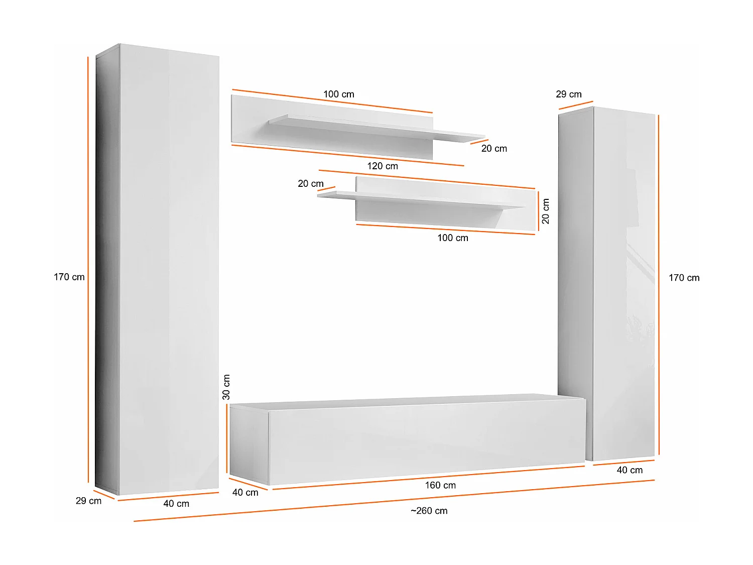 Parete attrezzata per soggiorno con due pensili sospesi 260x190 bianco PAP81