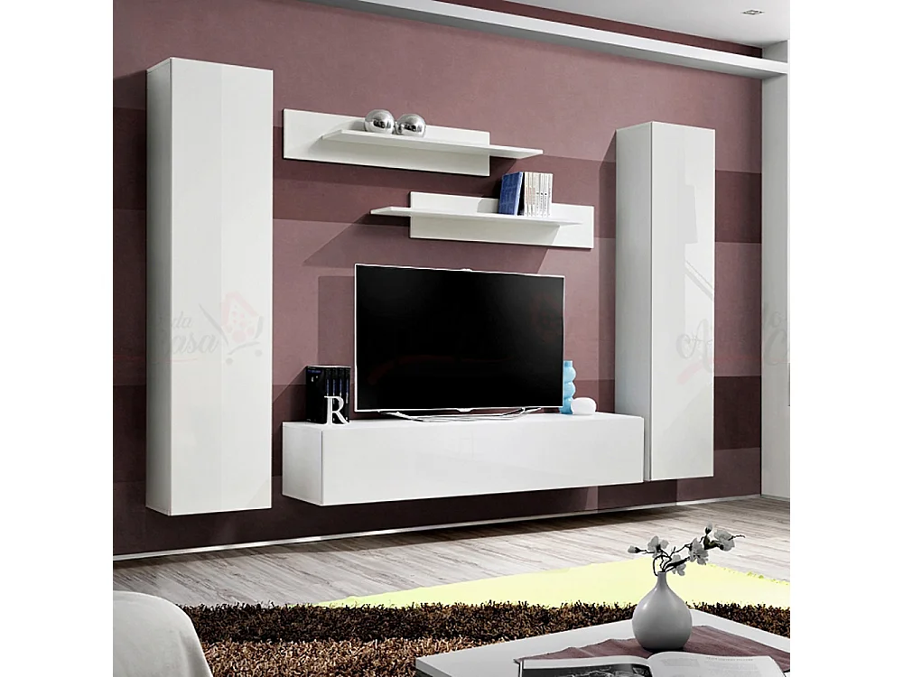 Parete attrezzata per soggiorno con due pensili sospesi 260x190 bianco PAP81