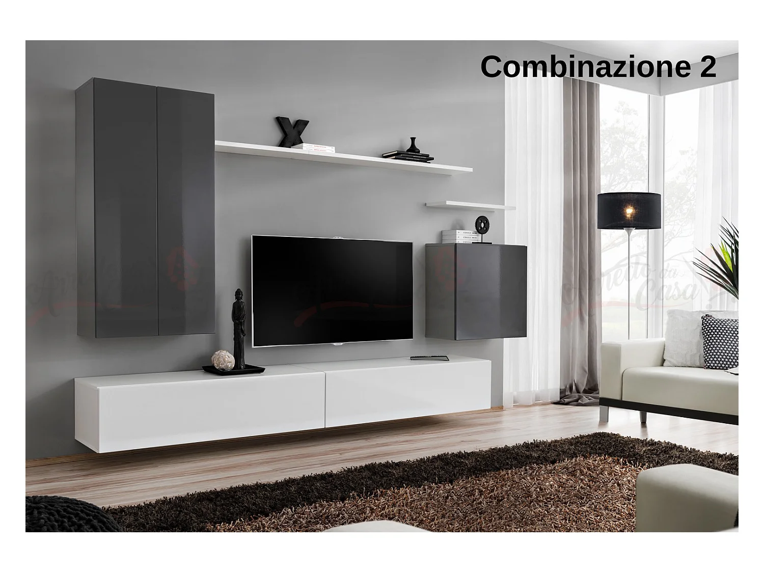 Parete attrezzata sospesa design moderno PAP46 270x160 grigio e bianco