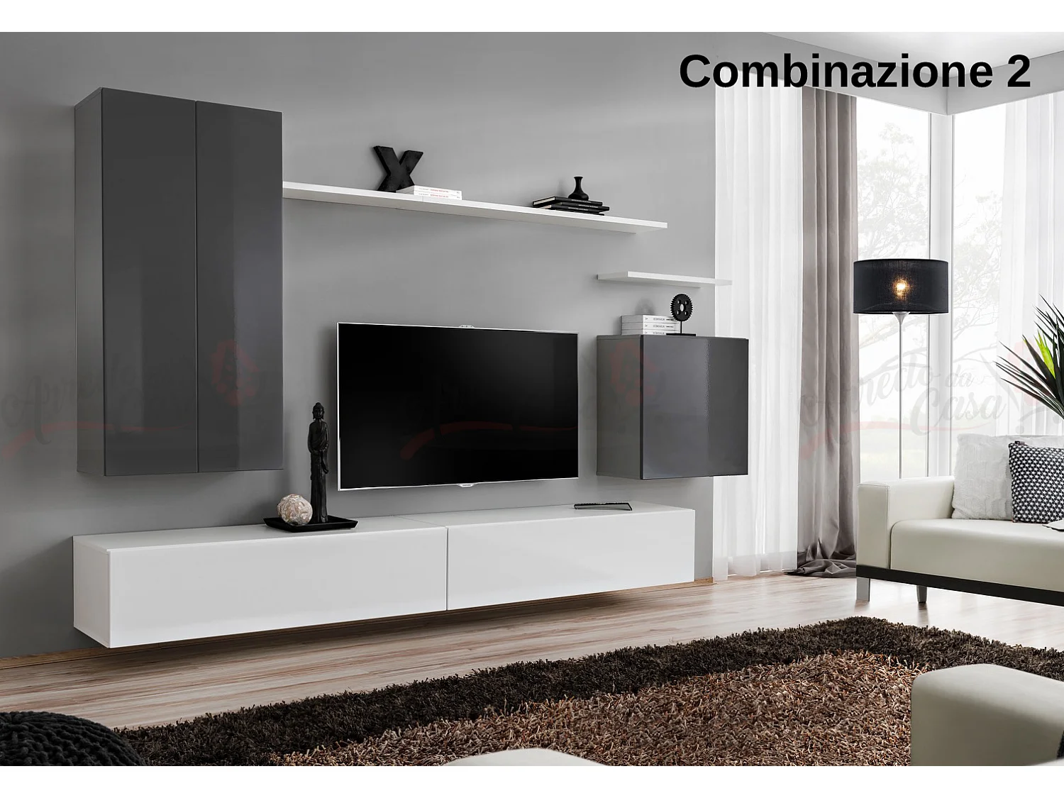 Parete attrezzata sospesa design moderno PAP46 270x160 grigio e bianco