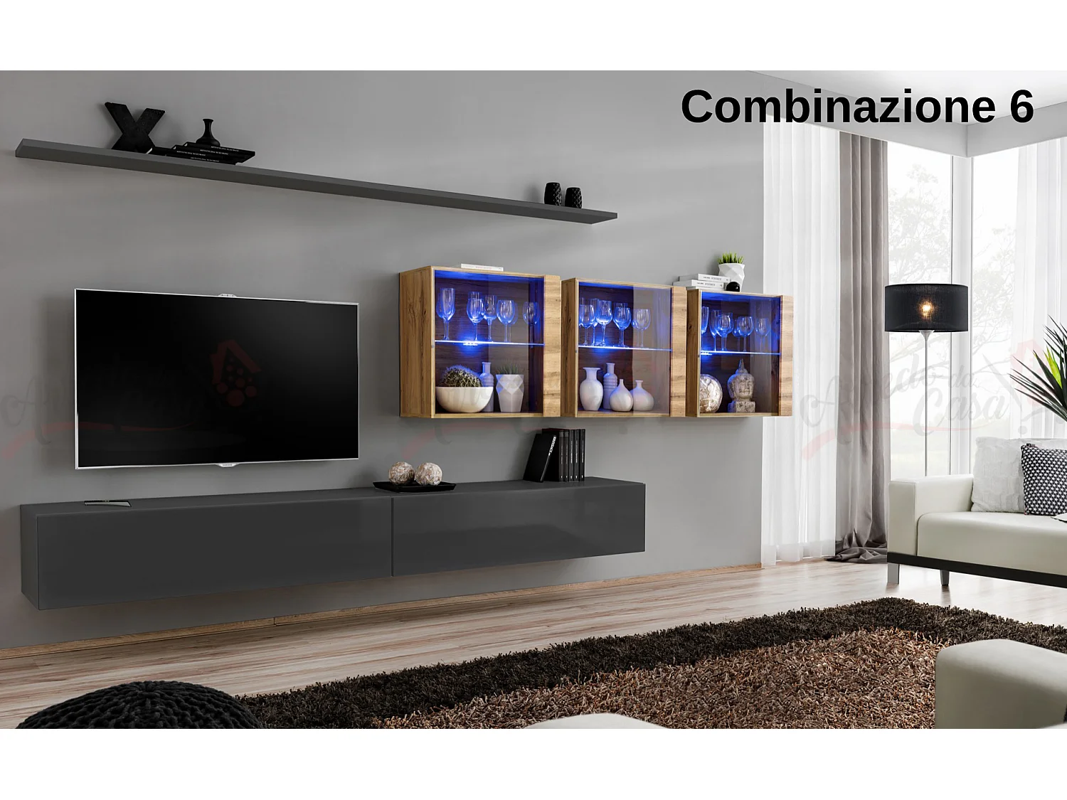 Parete attrezzata design moderno con vetrina 340x150 grigio e rovere PAP61