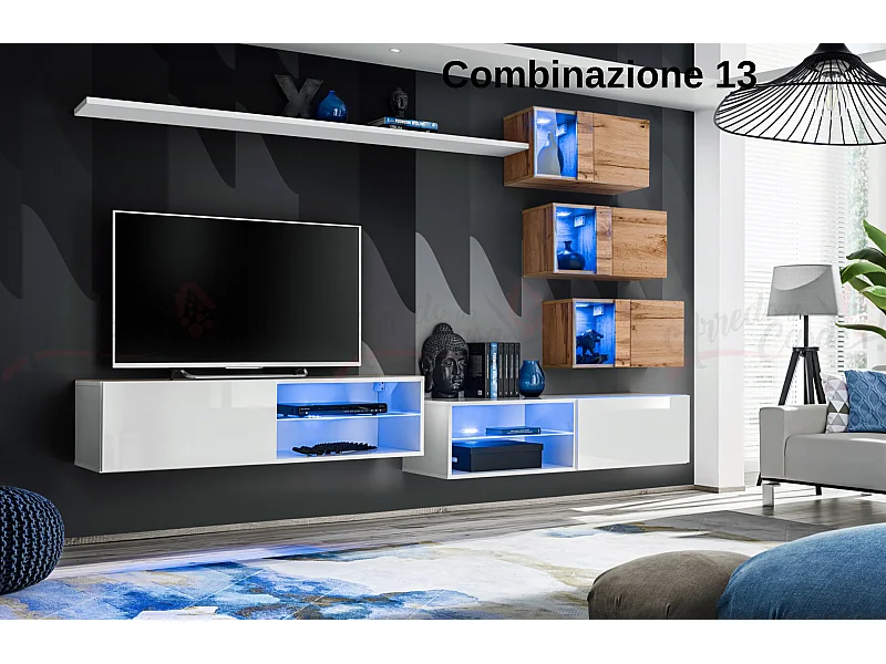 Parete attrezzata per soggiorno con vetrinette e luci led 260x170 bianco e rovere PAP70