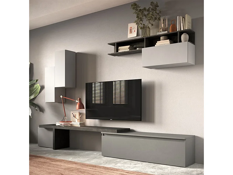 Parete attrezzata 290x210 cm con pensili grigio, grigio chiaro e piombo PAL41