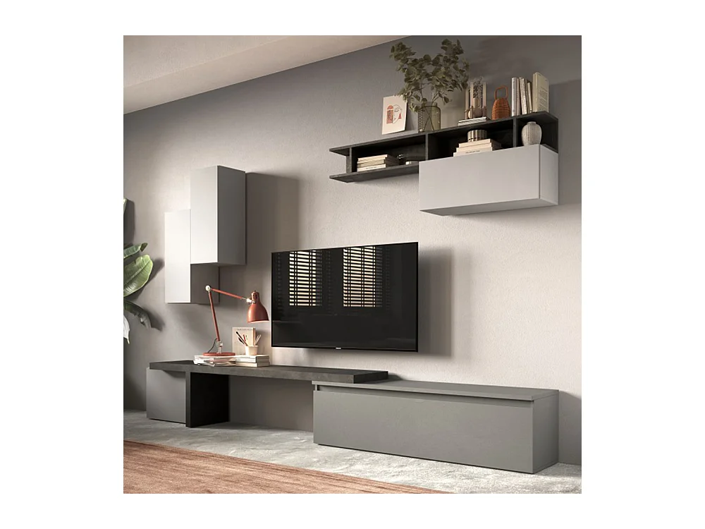 Parete attrezzata 290x210 cm con pensili grigio, grigio chiaro e piombo PAL41