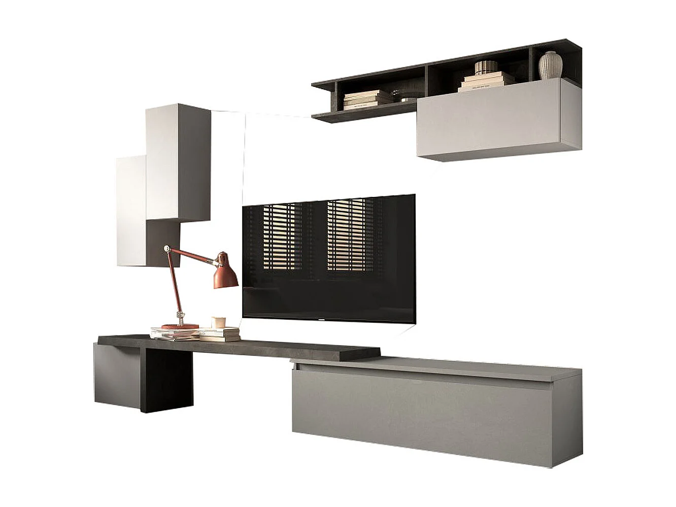 Parete attrezzata 290x210 cm con pensili grigio, grigio chiaro e piombo PAL41