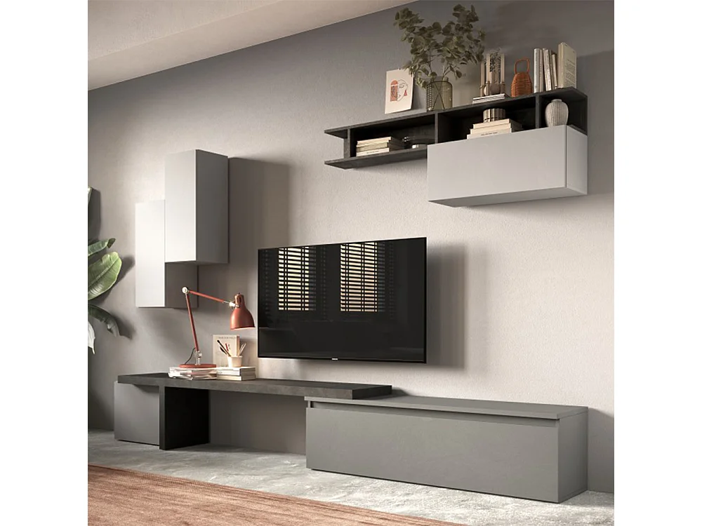 Parete attrezzata 290x210 cm con pensili grigio, grigio chiaro e piombo PAL41