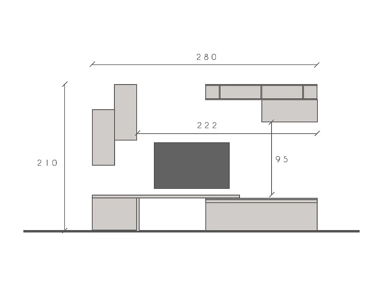 Parete attrezzata 290x210 cm con pensili grigio, grigio chiaro e piombo PAL41
