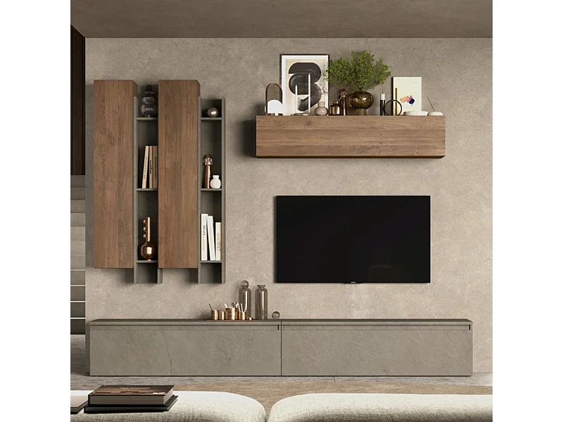 Parete attrezzata moderna 276x210 cm argilla e noce PAL13