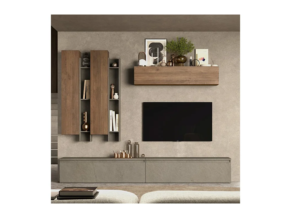 Parete attrezzata moderna 276x210 cm argilla e noce PAL13