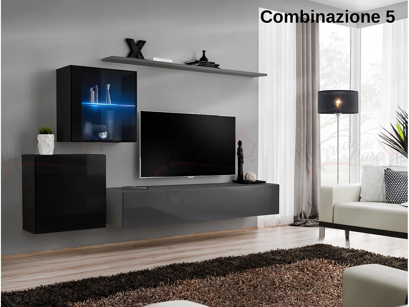 Parete attrezzata design moderno con vetrina illuminata PAP59 250x150 nero e grigio