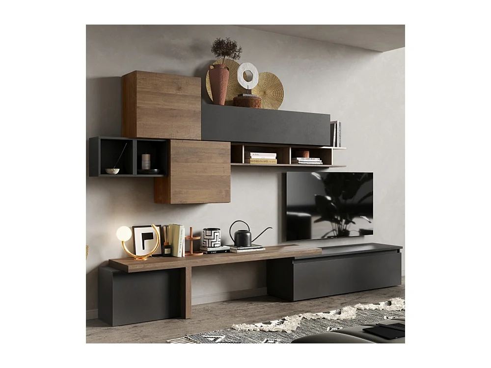 Parete attrezzata con vani e giorno 330x210 cm grafite e noce PAL36