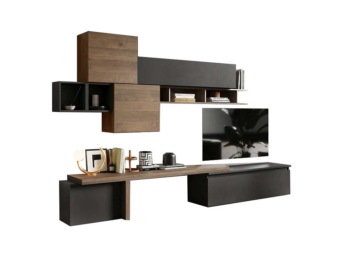 Parete attrezzata con vani e giorno 330x210 cm grafite e noce PAL36