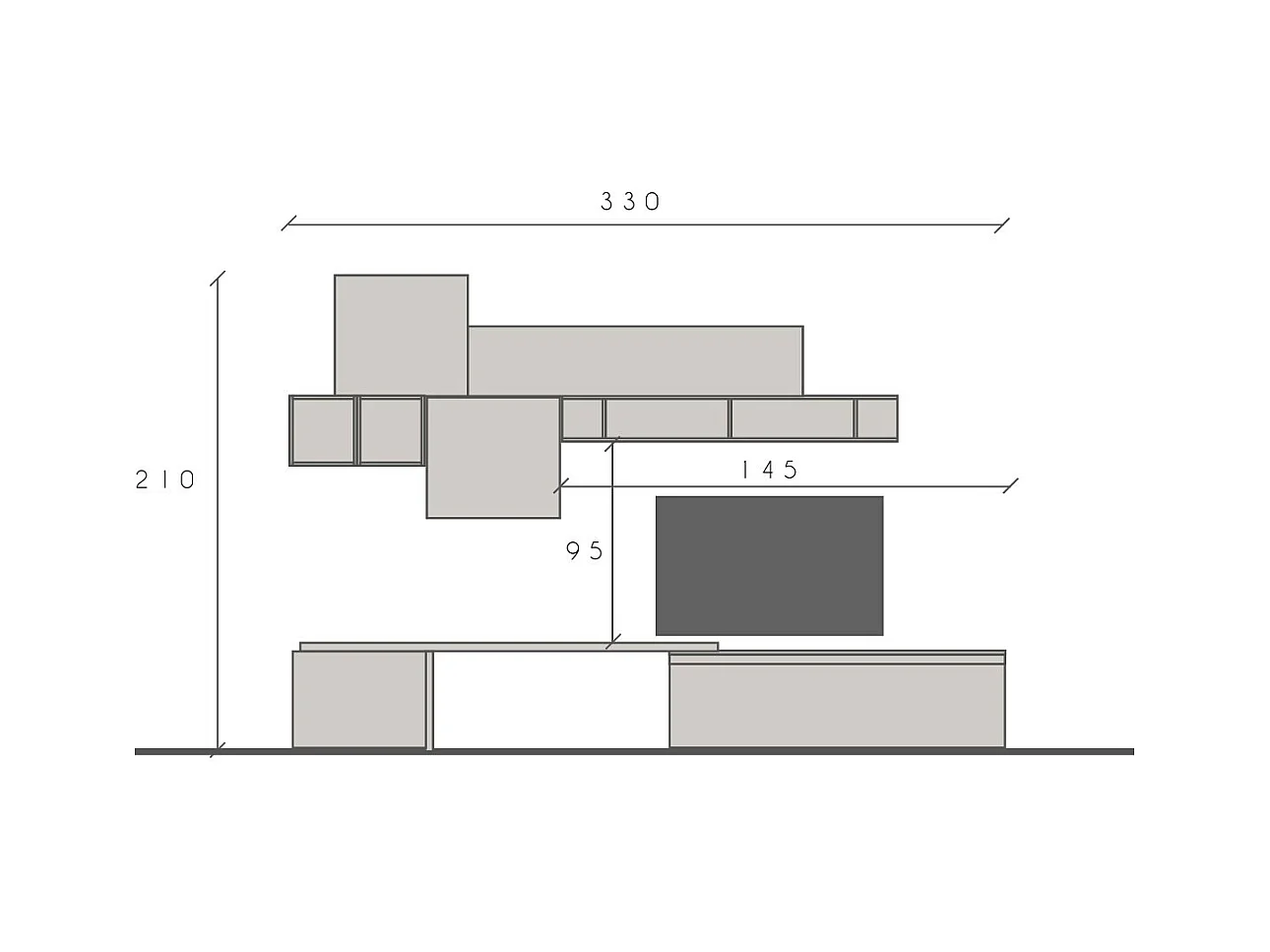 Parete attrezzata con vani e giorno 330x210 cm grafite e noce PAL36