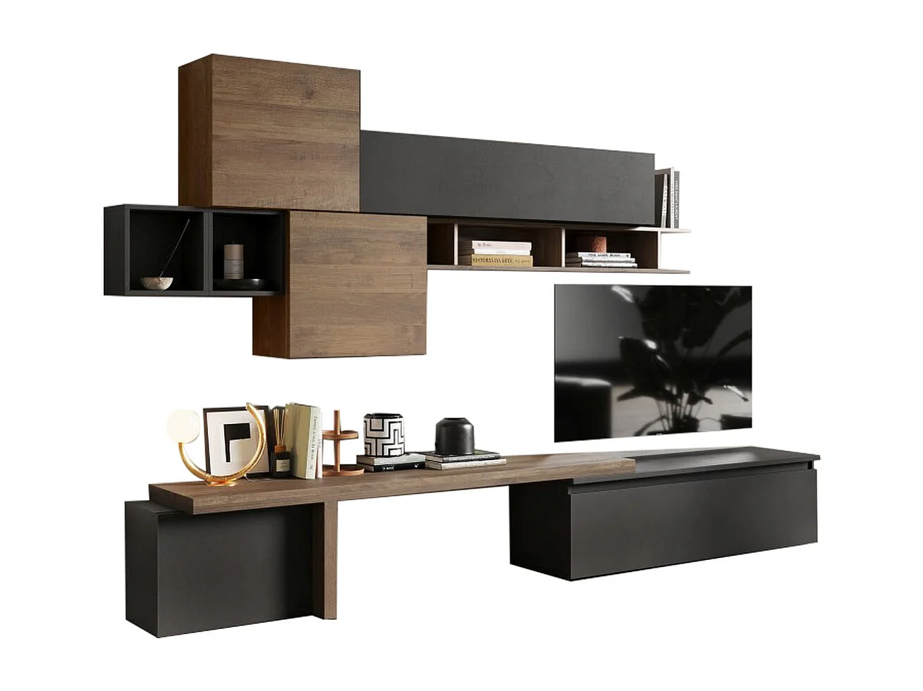 Parete attrezzata con vani e giorno 330x210 cm grafite e noce PAL36