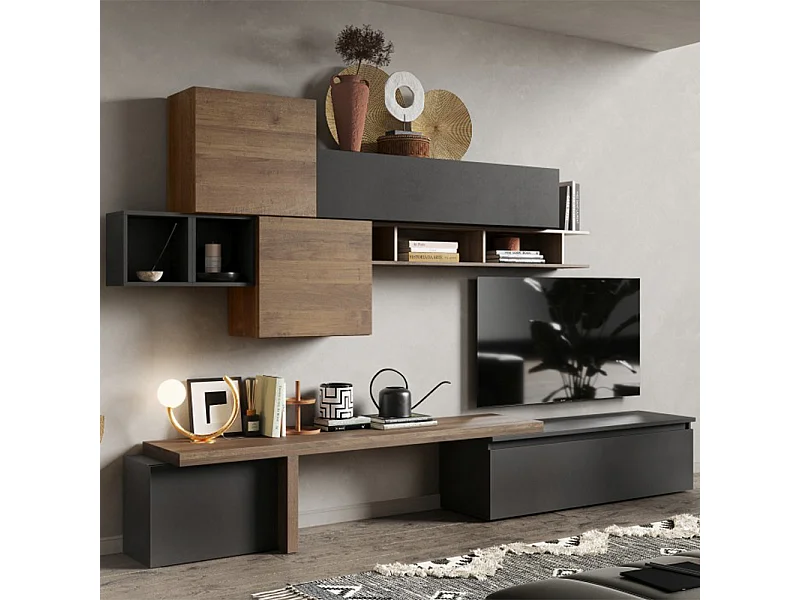 Parete attrezzata con vani e giorno 330x210 cm grafite e noce PAL36