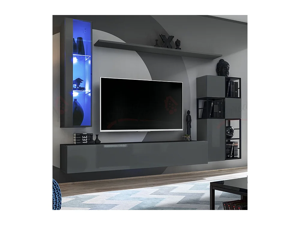 Parete attrezzata soggiorno con vetrina sospesa 250x170 grigio PAP74