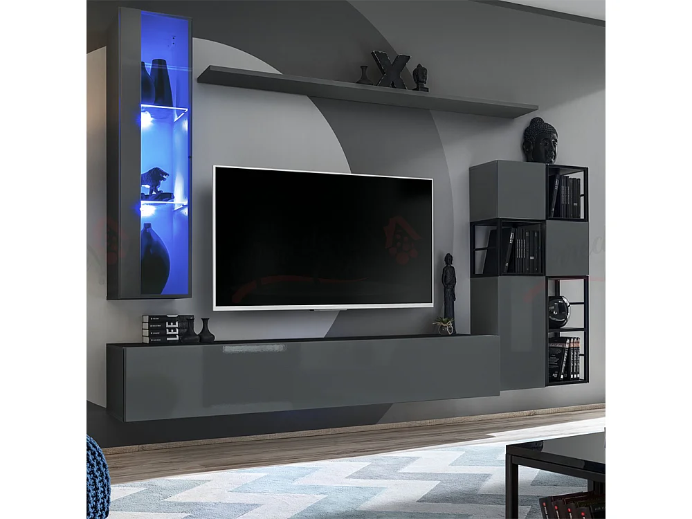 Parete attrezzata soggiorno con vetrina sospesa 250x170 grigio PAP74