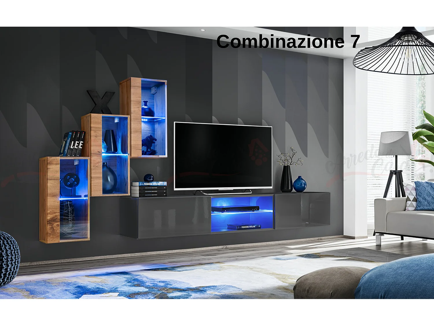 Parete attrezzata soggiorno moderna mobile TV sospeso 240x170 rovere e grigio PAP68