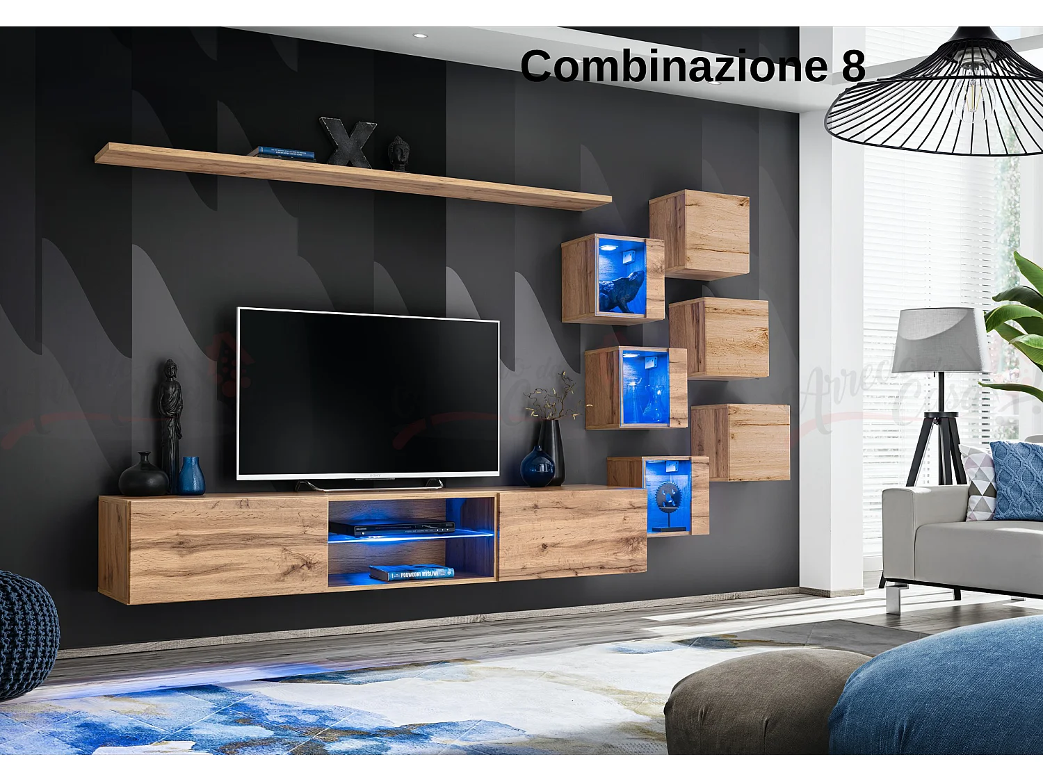 Parete attrezzata soggiorno con mobile TV sospeso 260x150 rovere PAP67
