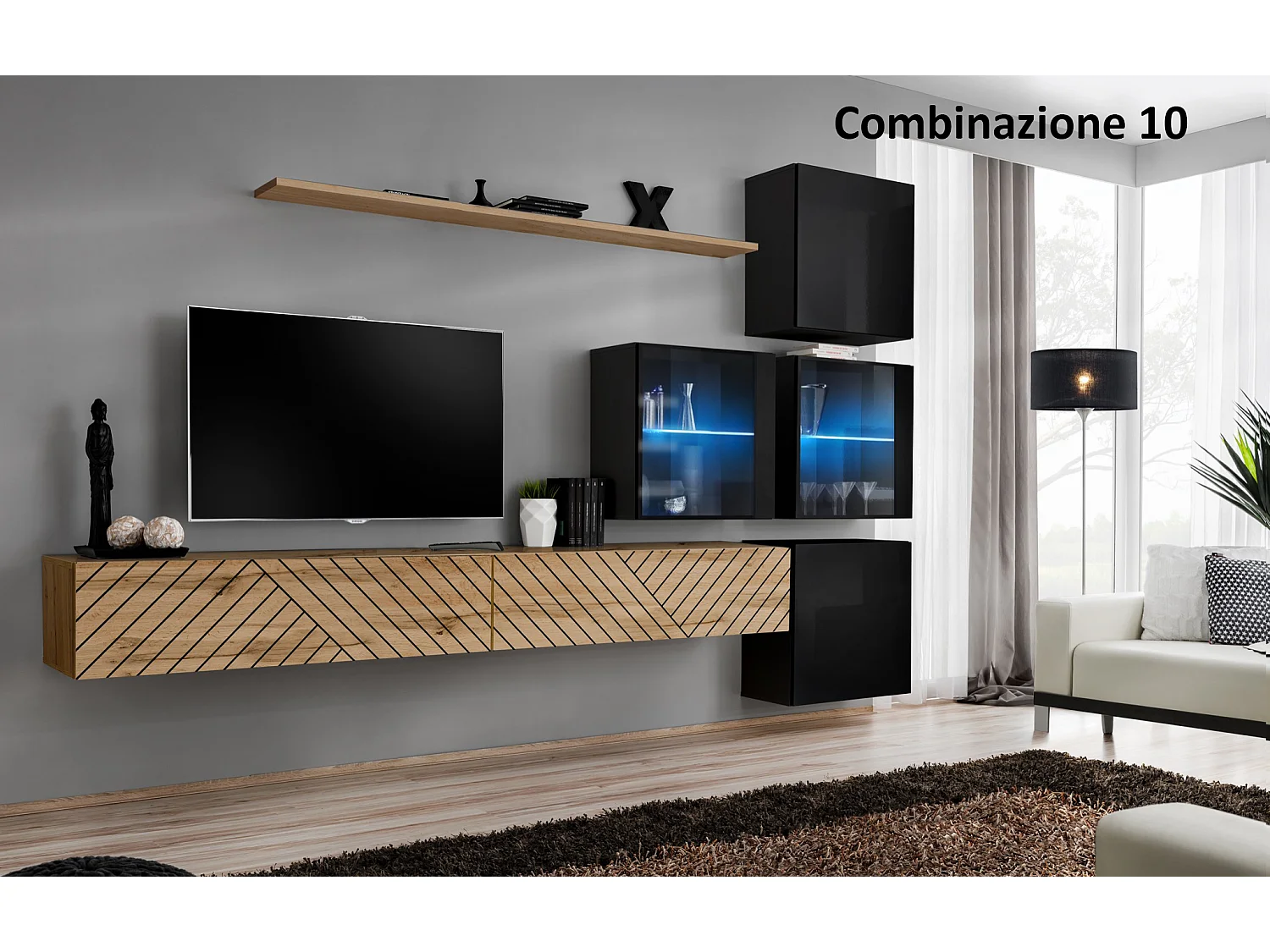 Parete attrezzata sospesa moderna con vetrinette 310x200 rovere e nero PAP63