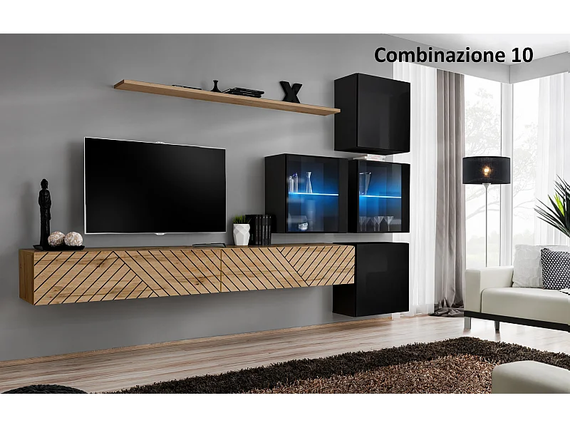 Parete attrezzata sospesa moderna con vetrinette 310x200 rovere e nero PAP63