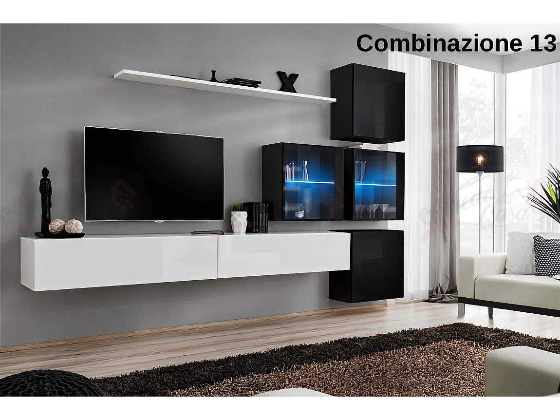 Parete attrezzata sospesa moderna con vetrinette 310x200 bianco e nero PAP63