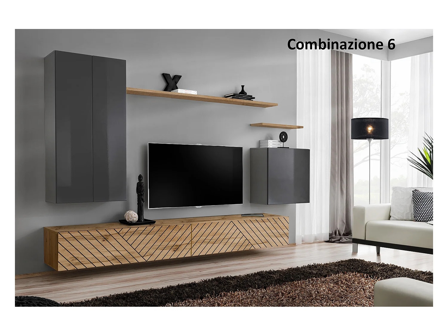 parete attrezzata sospesa design moderno PAP46 270x160 grigio e rovere