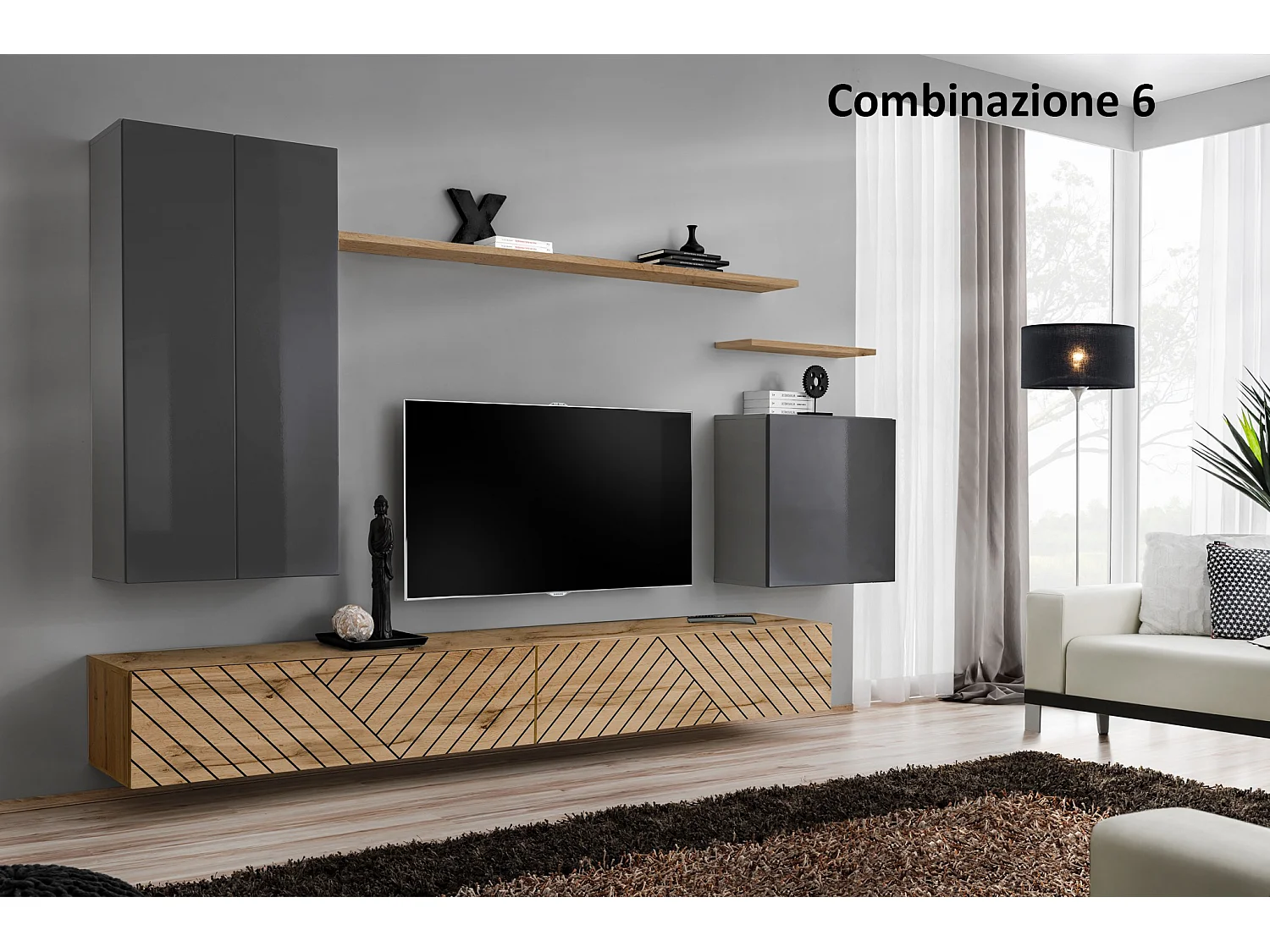 parete attrezzata sospesa design moderno PAP46 270x160 grigio e rovere