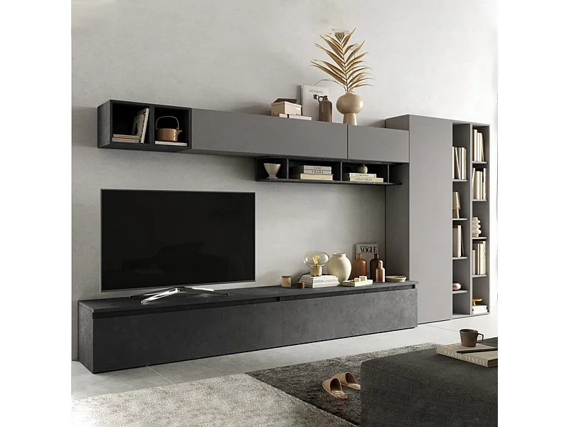 Parete attrezzata con libreria 387x186 cm grigio e piombo PAL50