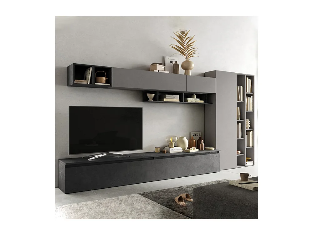 Parete attrezzata con libreria 387x186 cm grigio e piombo PAL50