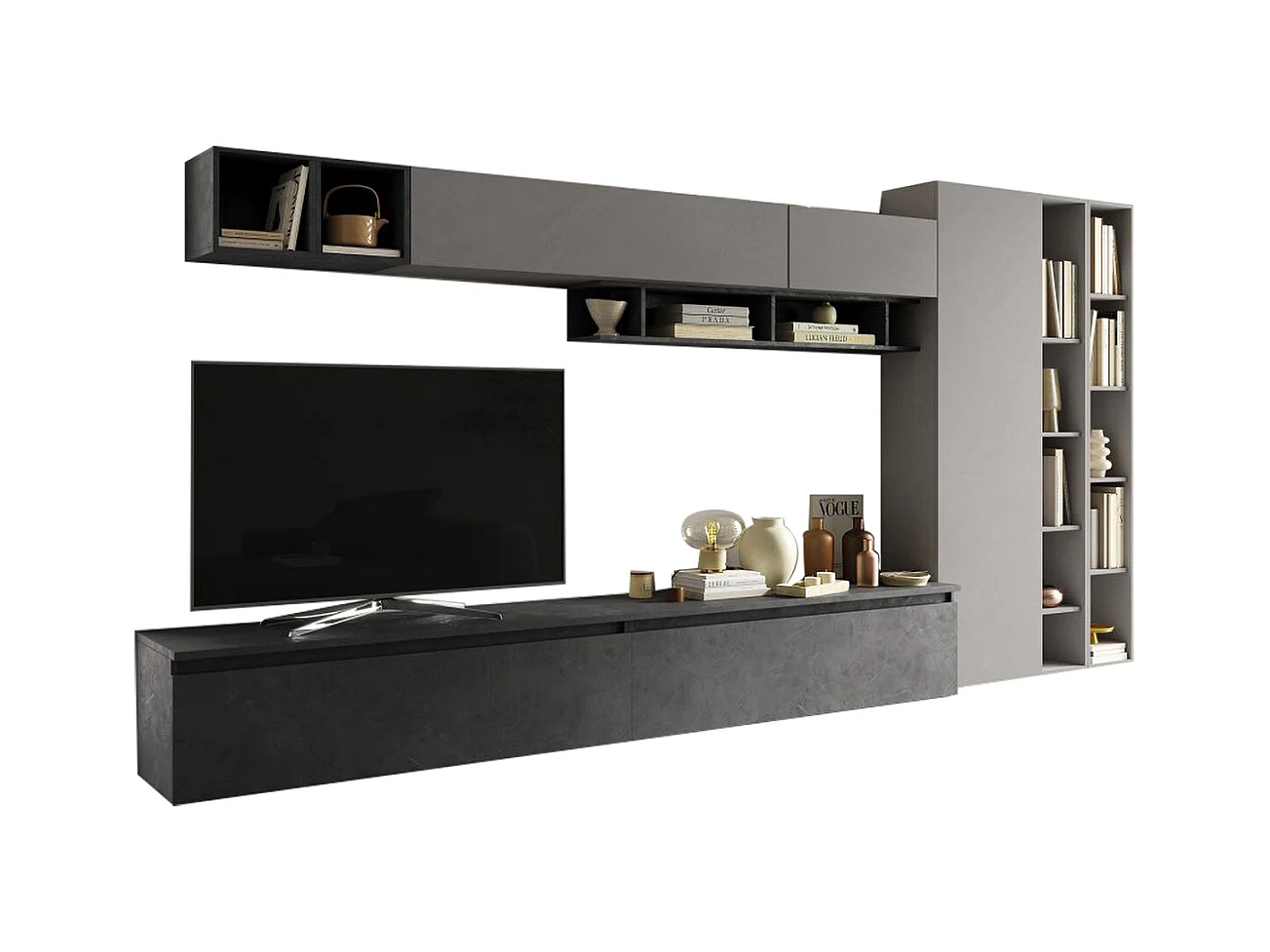 Parete attrezzata con libreria 387x186 cm grigio e piombo PAL50