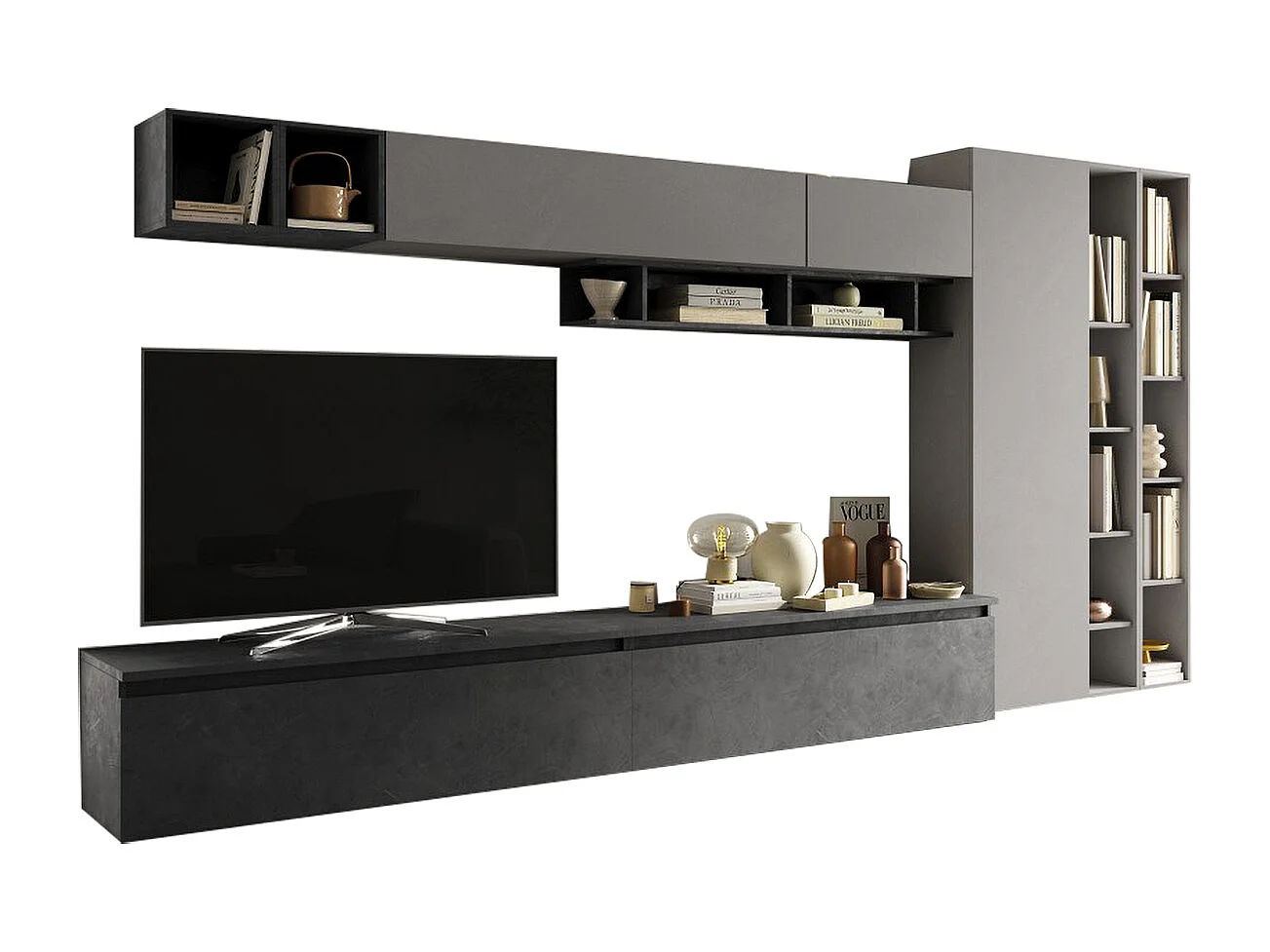 Parete attrezzata con libreria 387x186 cm grigio e piombo PAL50