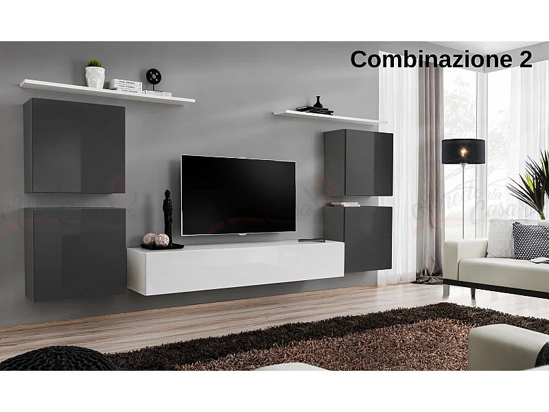 Parete attrezzata sospesa stile moderno PAP48 320x150 grigio e bianco