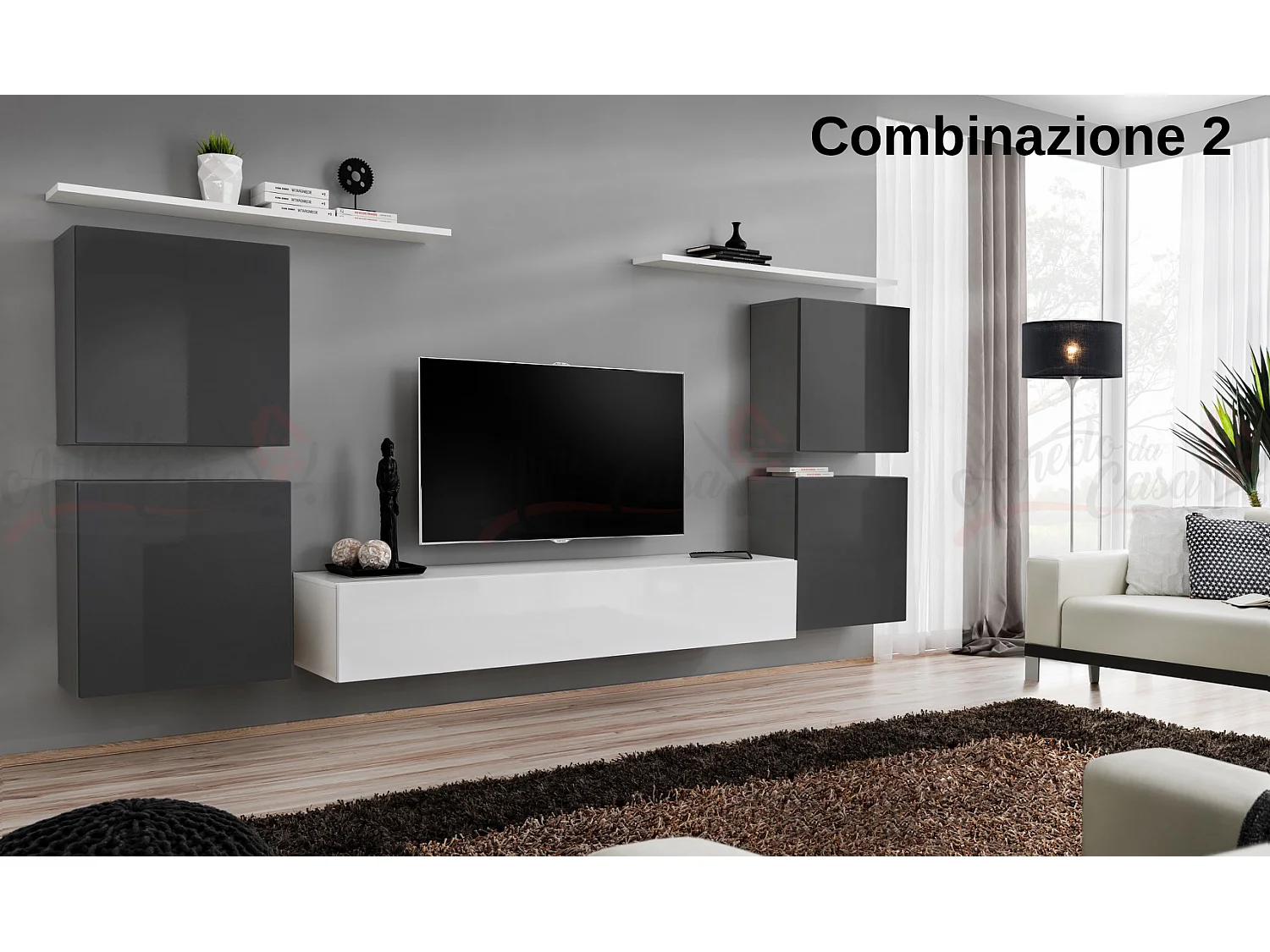 Parete attrezzata sospesa stile moderno PAP48 320x150 grigio e bianco