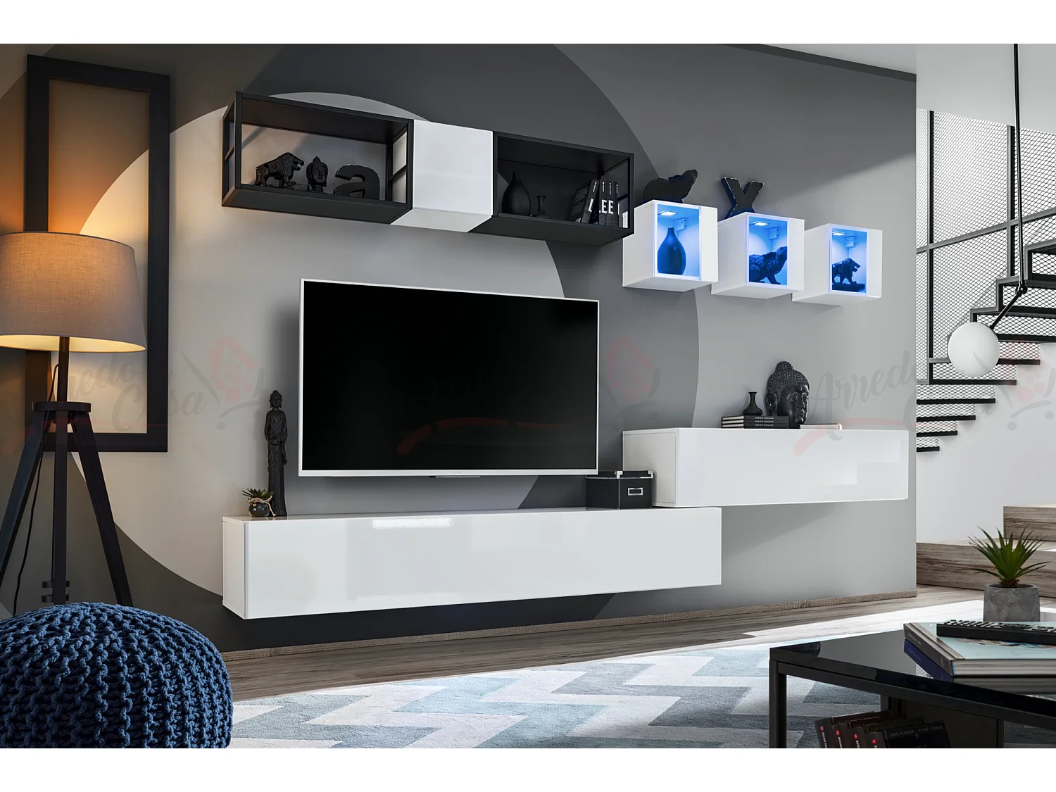 Parete attrezzata soggiorno con tre vetrine illuminate 280x170 bianco PAP75