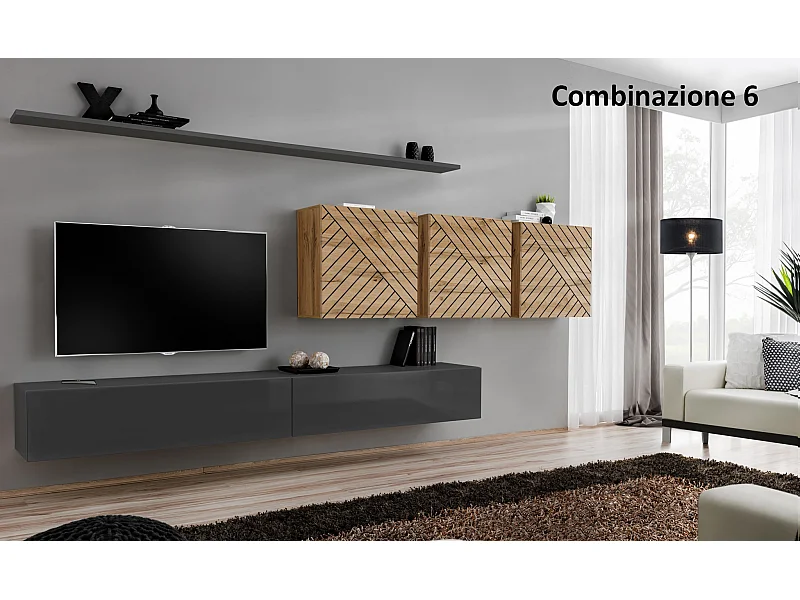 Parete attrezzata da soggiorno sospesa 340x150 grigio e rovere PAP51