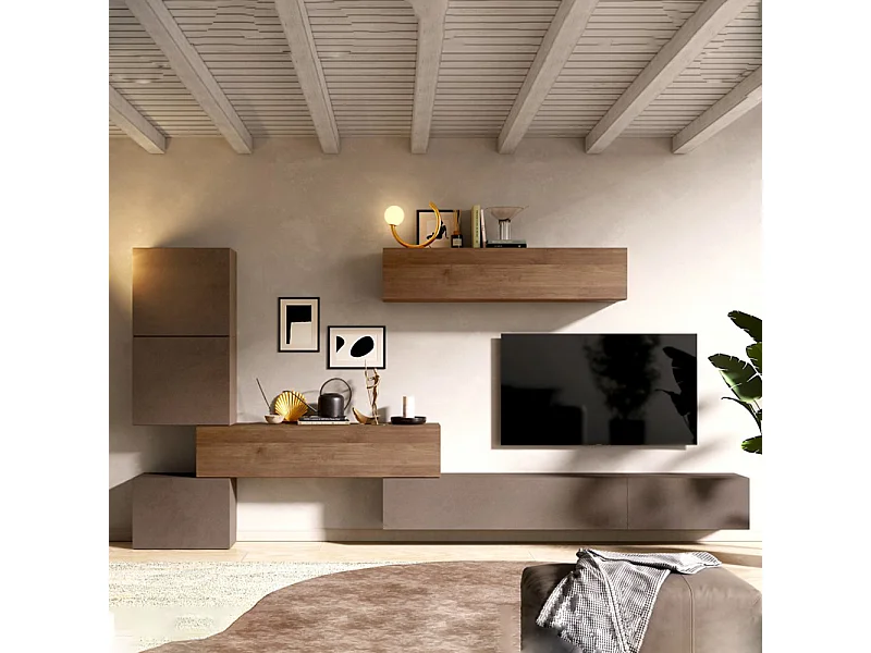 Parete attrezzata sospesa 340x169 cm bronzo e noce PAL22