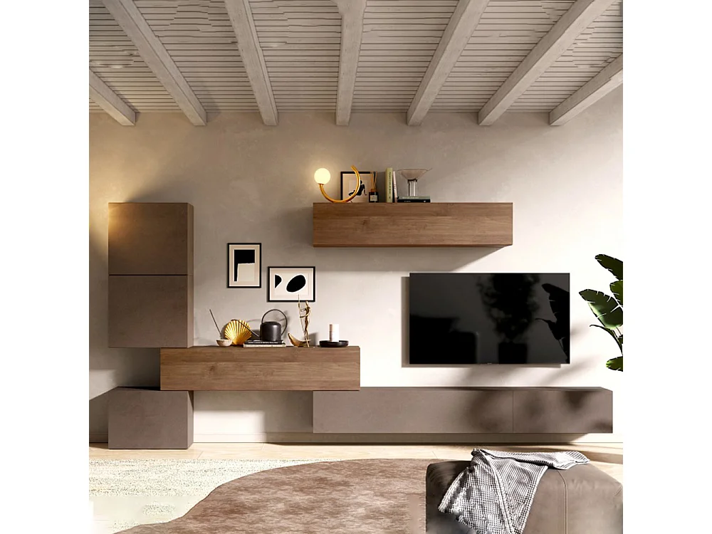 Parete attrezzata sospesa 340x169 cm bronzo e noce PAL22